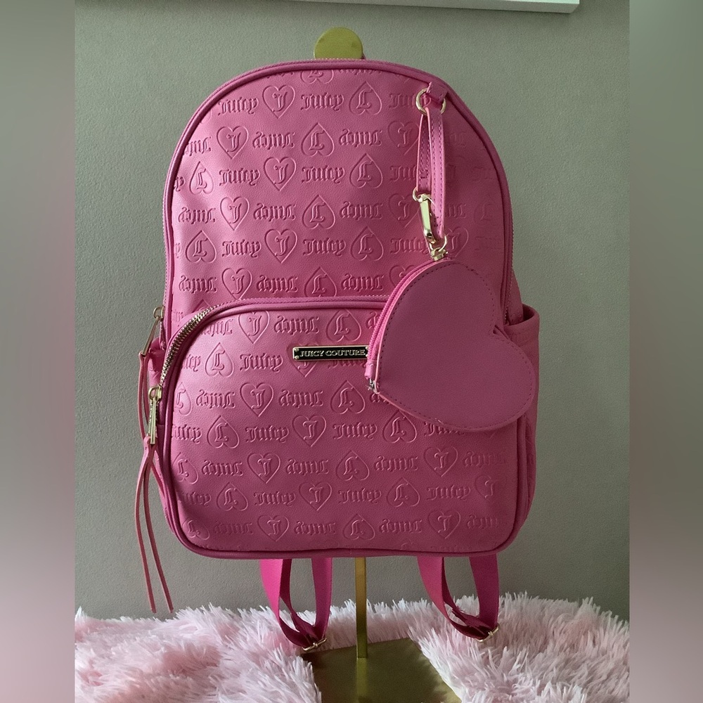 NWT Juicy Couture Pink Embossed Backpack with Heart Charm Coin Purse